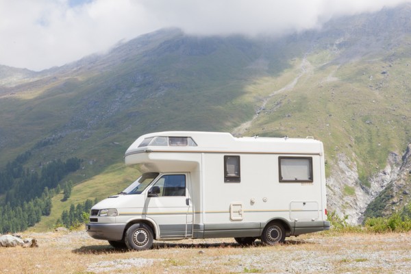 Camper van parked high in the mountains, Switzerland