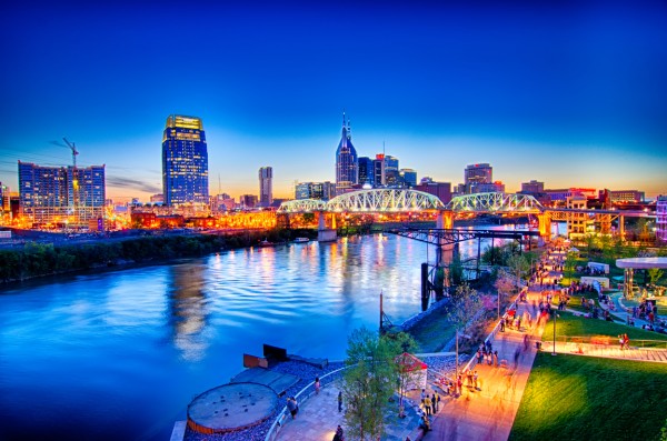 Nashville Tennessee downtown skyline at Shelby Street Bridge