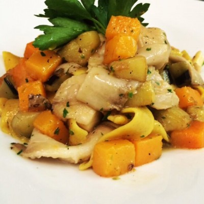Fettuccine with Roasted Butternut Squash Eggplant and Oyster Mushrooms