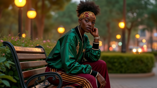 fashionable Black woman sitting on park bench at sunset
