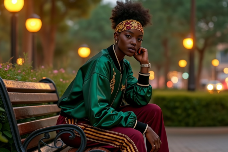 fashionable Black woman sitting on park bench at sunset