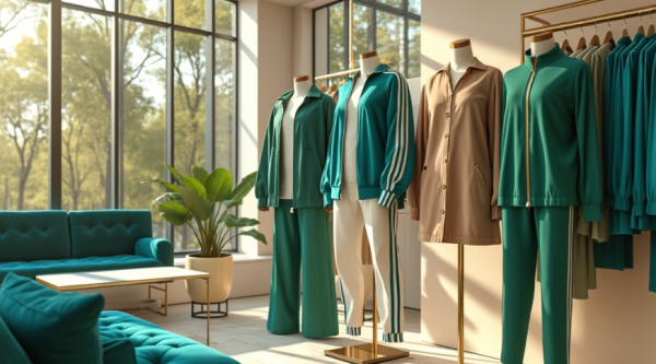  modern athleisure wear display in upscale fashion boutique showroom
