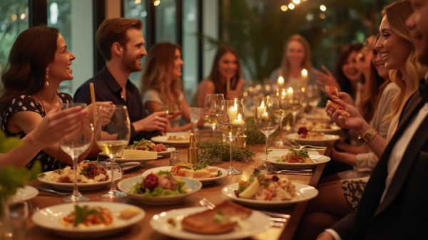 elegant dinner party with friends enjoying gourmet food and wine