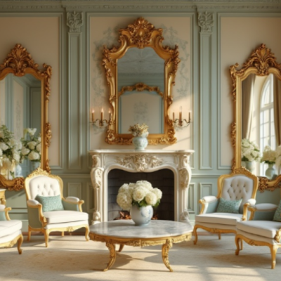 luxurious French rococo living room with gold mirrors and flowers