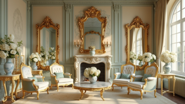 luxurious French rococo living room with gold mirrors and flowers
