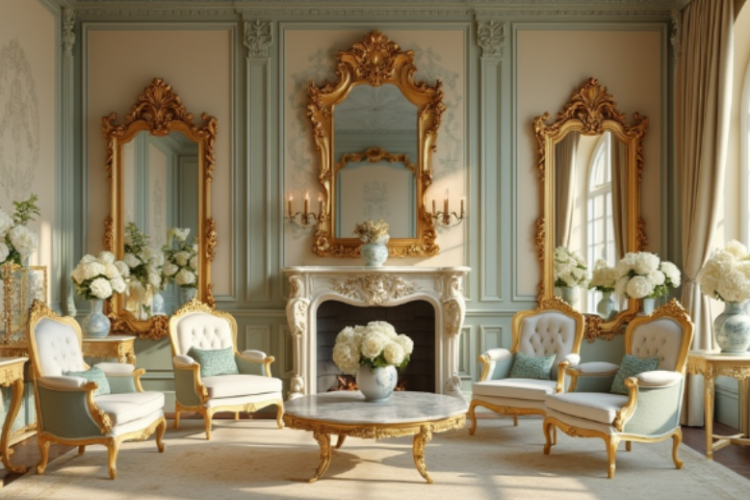 luxurious French rococo living room with gold mirrors and flowers