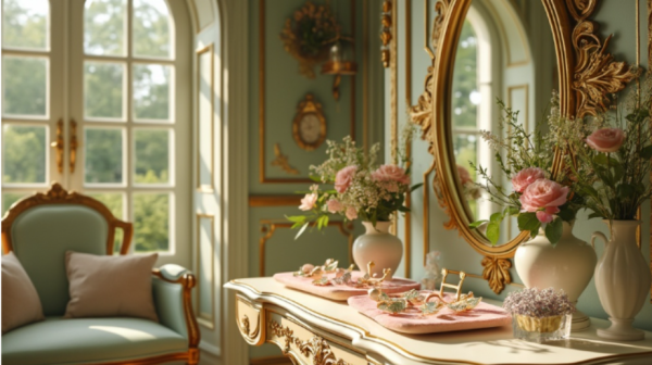 elegant vintage tea room with floral decor and antique furniture