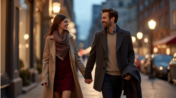stylish couple walking downtown street at night, holding hands
