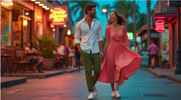 happy couple walking downtown at sunset in stylish summer outfits