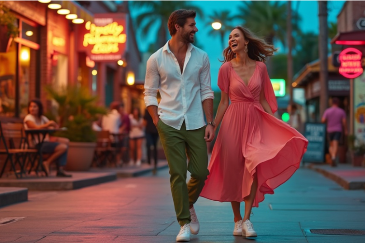 happy couple walking downtown at sunset in stylish summer outfits