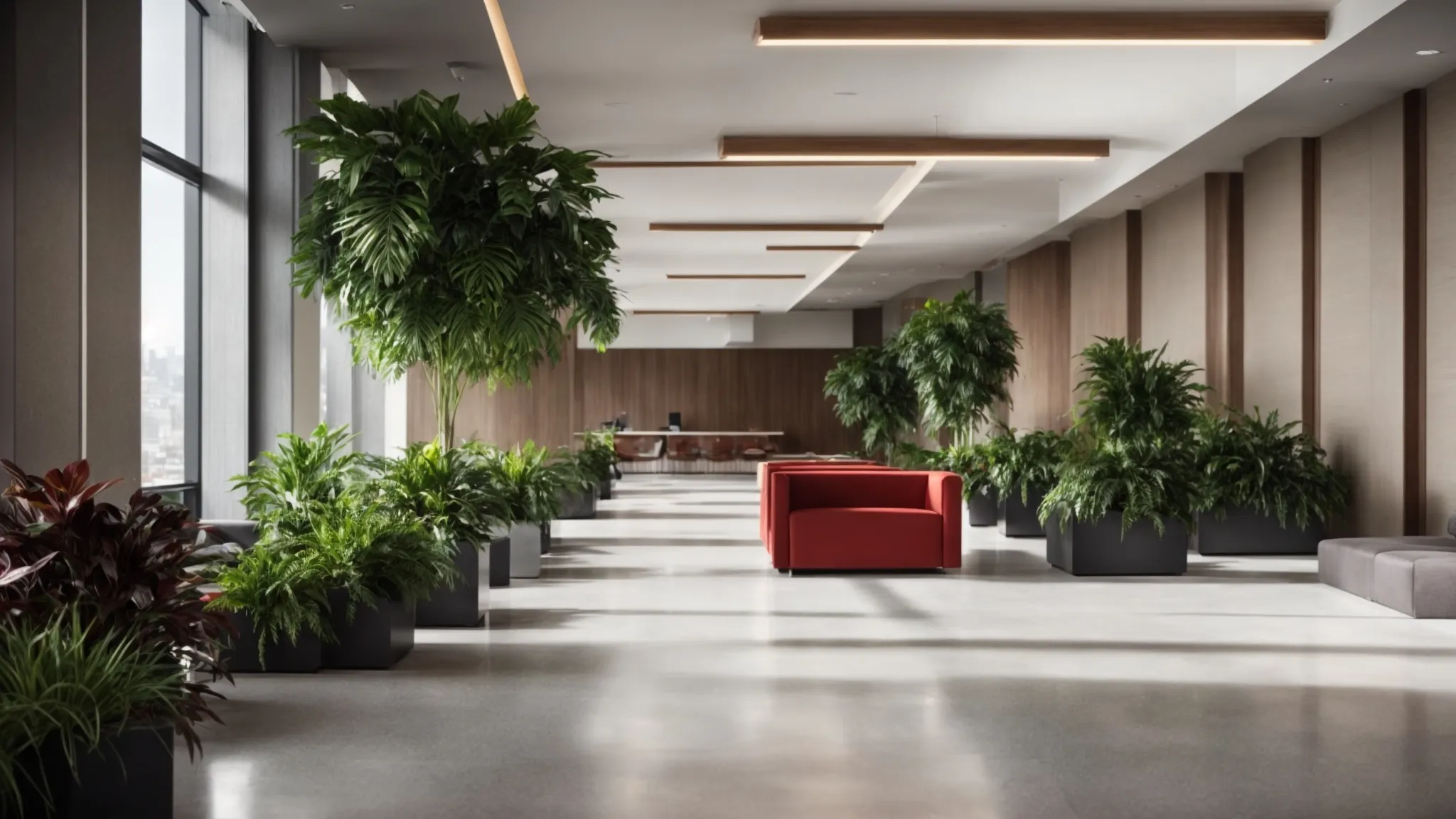 a modern office lobby transformed with sleek furniture and vibrant plants.